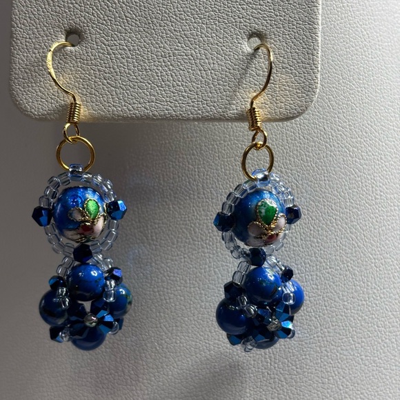 Hand Crafted cloisonné earrings cobalt blue beads blue bicones seed beads 2 in. - Picture 1 of 6